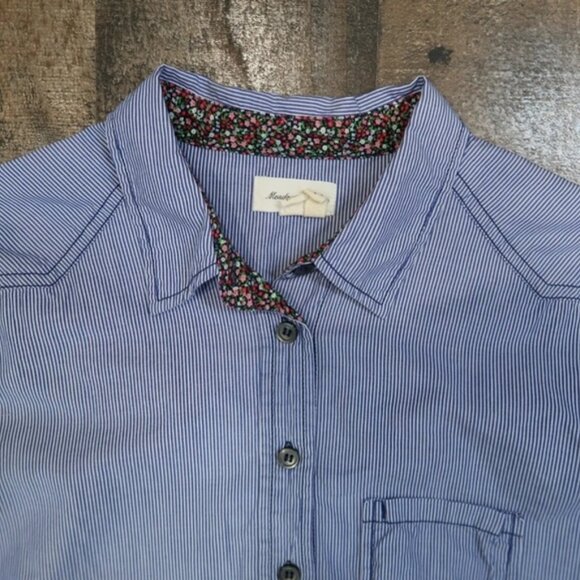 Meadow Rue Anthropologie Blue White Striped Button Up Shirt Floral Cuff Size 2 - Picture 2 of 6